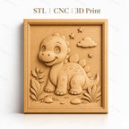 Fichier CNC & impression 3D dinosaure mignon, étoiles, nuage et plantes, haute qualité relief STL