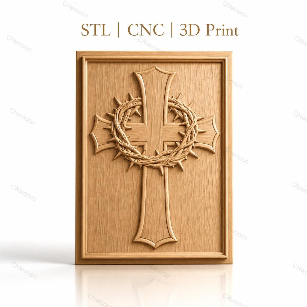 Fichier CNC & impression 3D Croix chrétienne avec couronne d'épines, haute qualité relief STL