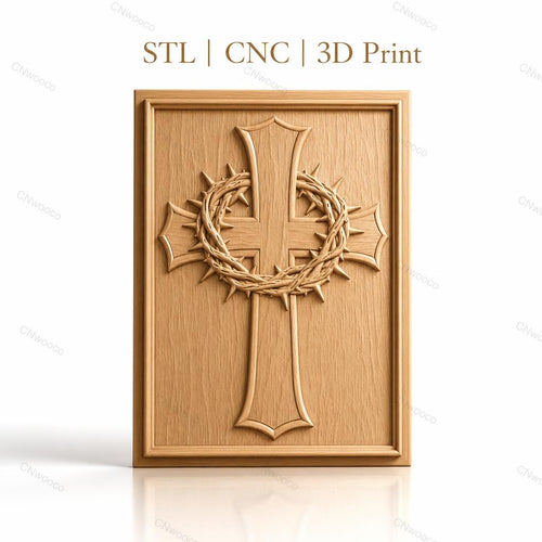 Fichier CNC & impression 3D Croix chrétienne avec couronne d'épines, haute qualité relief STL