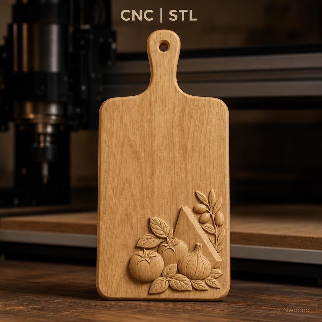 Fichier CNC planche à découper légumes ail fromage olives bas-relief pour sculpture sur bois, STL