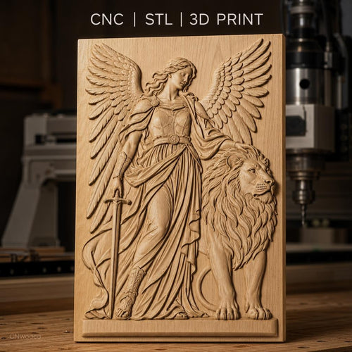 Fichier CNC & impression 3D ange guerrier avec épée et lion, haute qualité relief STL
