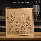 Fichier CNC & impression 3D Colombe sur branche avec olives, message paix parfaite, haute qualité relief STL