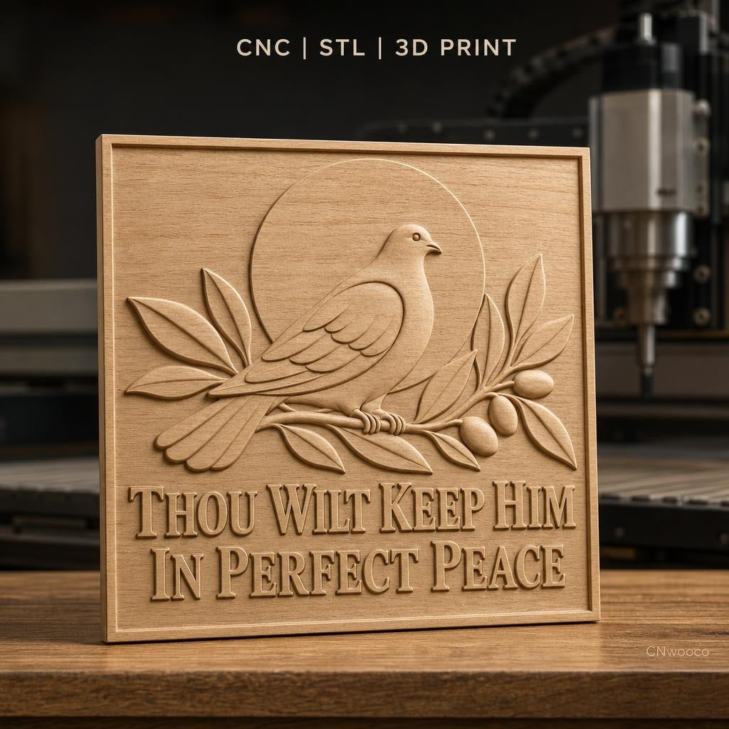Fichier CNC & impression 3D Colombe sur branche avec olives, message paix parfaite, haute qualité relief STL