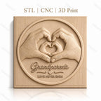 Fichier CNC & impression 3D Grandparents, mains formant coeur, texte love never ends, haute qualité relief STL