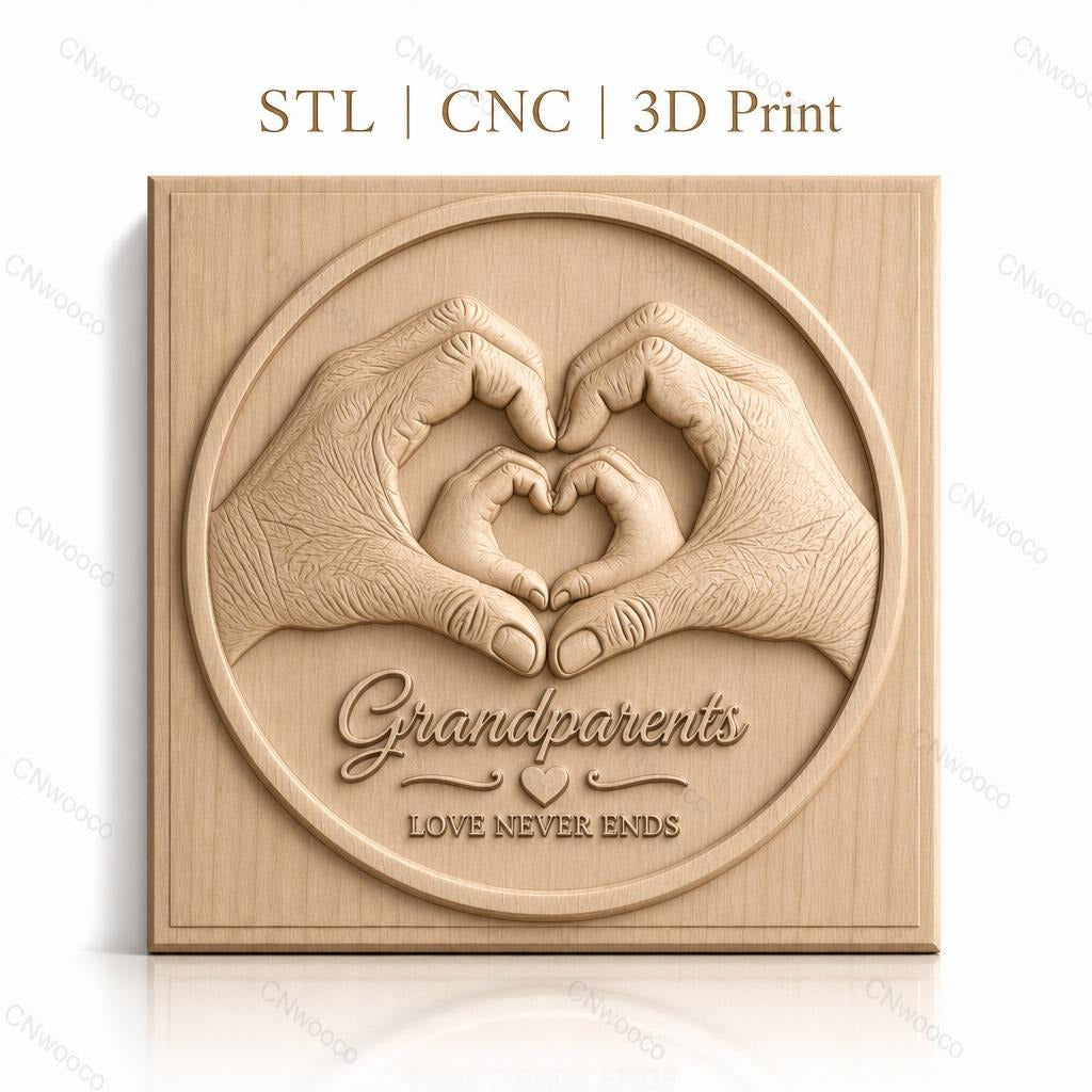 Fichier CNC & impression 3D Grandparents, mains formant coeur, texte love never ends, haute qualité relief STL
