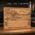 Fichier CNC & impression 3D cabane au bord du lac, bateau, ponton et paysage nature, haute qualité relief STL