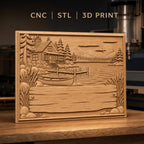Fichier CNC & impression 3D cabane au bord du lac, bateau, ponton et paysage nature, haute qualité relief STL