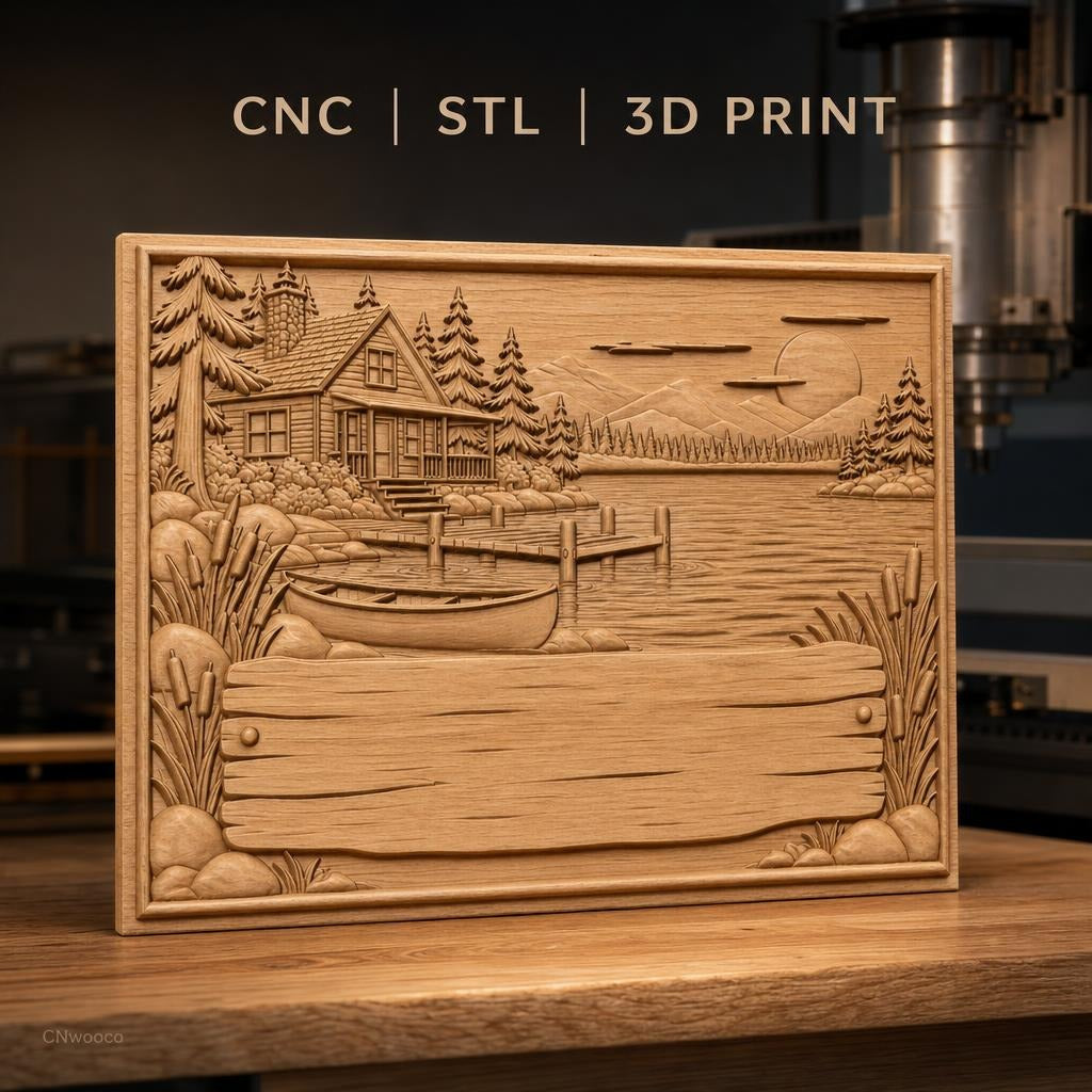 Fichier CNC & impression 3D cabane au bord du lac, bateau, ponton et paysage nature, haute qualité relief STL