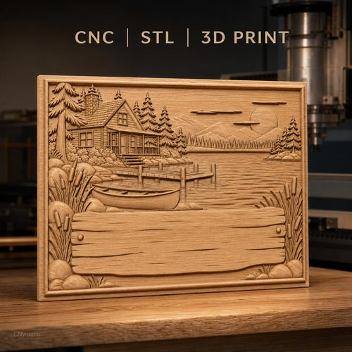 Fichier CNC & impression 3D cabane au bord du lac, bateau, ponton et paysage nature, haute qualité relief STL
