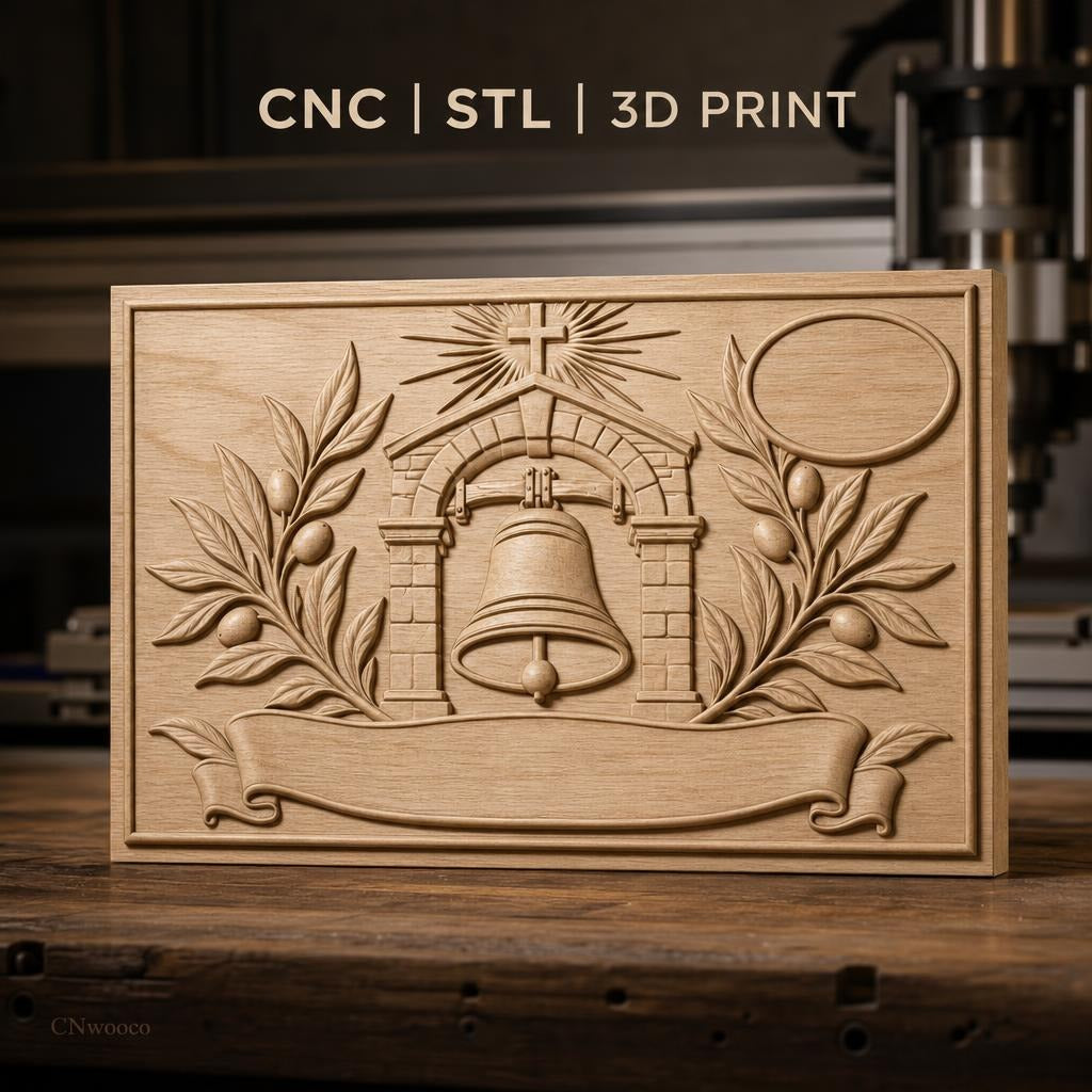 Fichier CNC & impression 3D cloche religieuse, branche d'olivier, bannière et croix, haute qualité relief STL