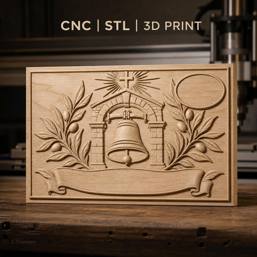 Fichier CNC & impression 3D cloche religieuse, branche d'olivier, bannière et croix, haute qualité relief STL