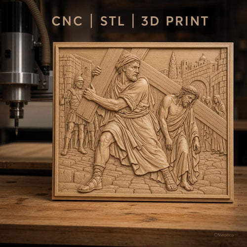 Fichier CNC & impression 3D scène religieuse, Jésus portant la croix avec Simon de Cyrène, haute qualité relief STL