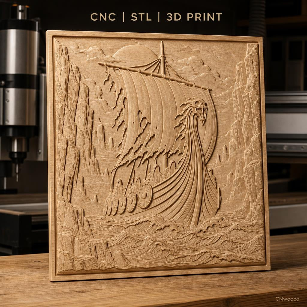 Fichier CNC & impression 3D bateau viking, voile déchirée, boucliers, relief marin, haute qualité relief STL