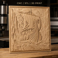 Fichier CNC & impression 3D bateau viking, voile déchirée, boucliers, relief marin, haute qualité relief STL