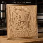 Fichier CNC & impression 3D bateau viking, voile déchirée, boucliers, relief marin, haute qualité relief STL