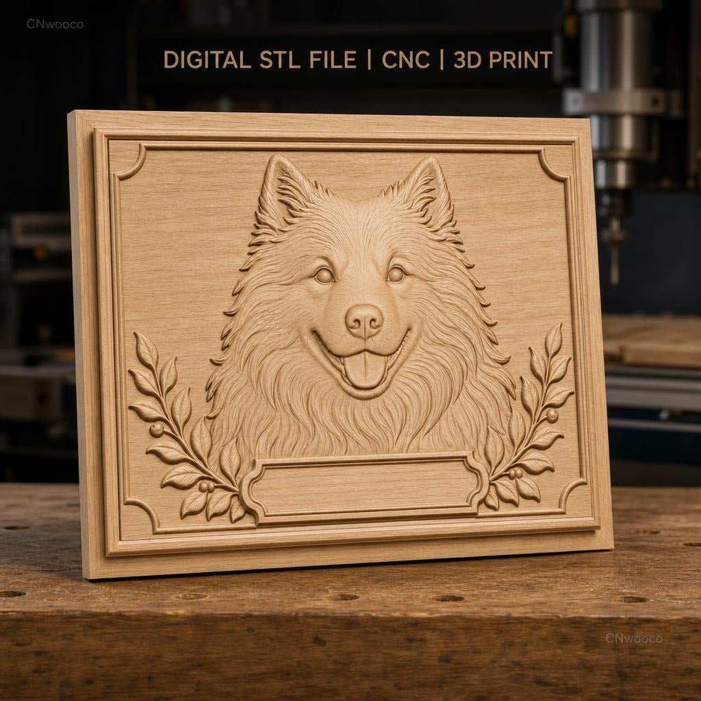 Fichier CNC & impression 3D tête de chien heureux avec feuilles et cadre décoratif, haute qualité relief STL