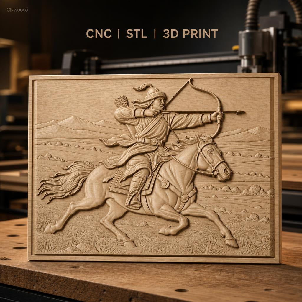 Fichier CNC & impression 3D cavalier archer à cheval tir à l'arc, paysage montagne relief, haute qualité relief STL