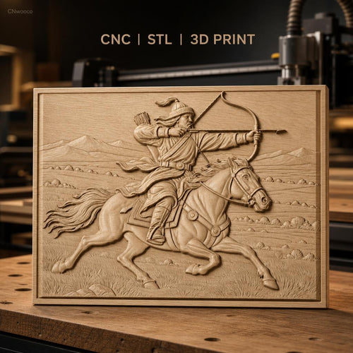 Fichier CNC & impression 3D cavalier archer à cheval tir à l'arc, paysage montagne relief, haute qualité relief STL