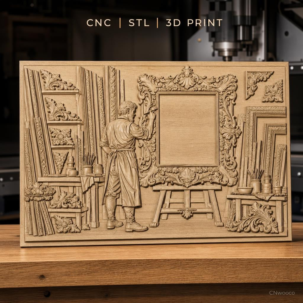 Fichier CNC & impression 3D atelier de cadreur, homme artiste sculptant cadre ornementé, haute qualité relief STL