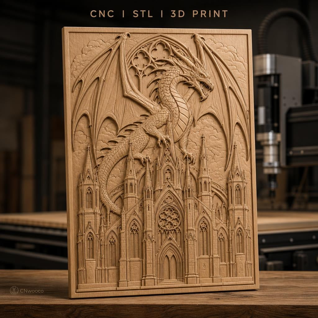 Fichier CNC & impression 3D dragon médiéval, château gothique détaillé, haute qualité relief STL