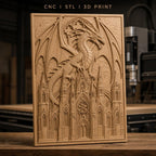 Fichier CNC & impression 3D dragon médiéval, château gothique détaillé, haute qualité relief STL