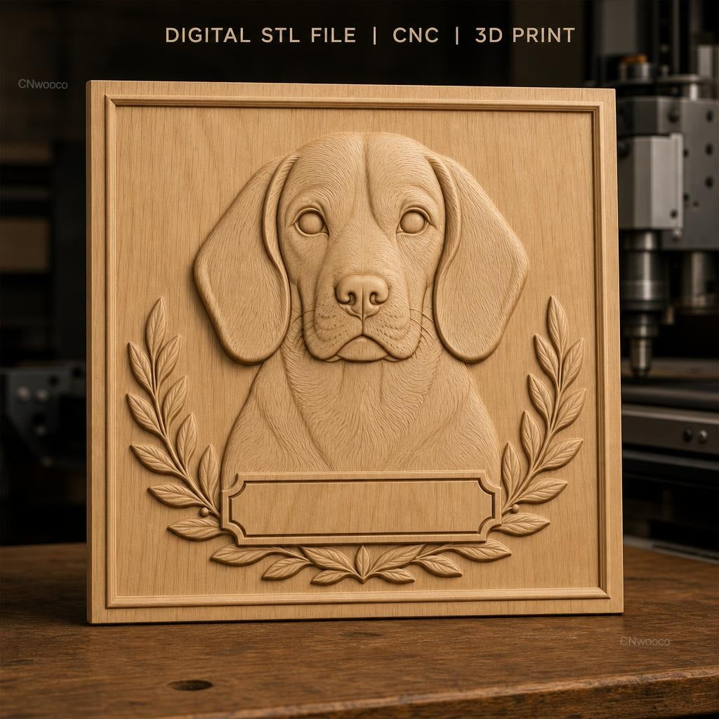 Fichier CNC & impression 3D chien Labrador avec cadre floral et plaque personnalisable, haute qualité relief STL