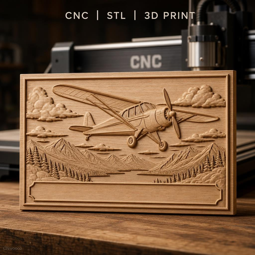 Fichier CNC & impression 3D avion vintage, paysage montagne forêt et rivière, haute qualité relief STL