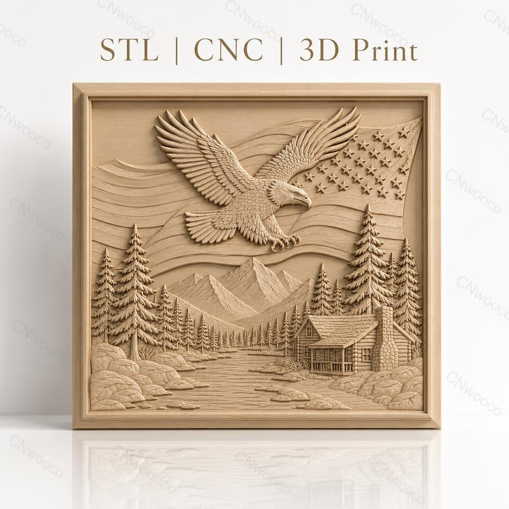 Fichier CNC & impression 3D nature américaine, aigle américain, drapeau USA, paysage montagne, chalet, haute qualité relief STL