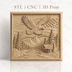 Fichier CNC & impression 3D nature américaine, aigle américain, drapeau USA, paysage montagne, chalet, haute qualité relief STL