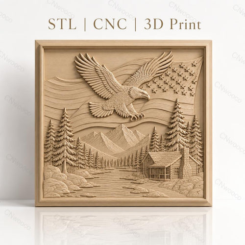 Fichier CNC & impression 3D nature américaine, aigle américain, drapeau USA, paysage montagne, chalet, haute qualité relief STL
