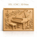 Fichier CNC & impression 3D piano à queue, notes de musique avec feuilles décoratives, haute qualité relief STL