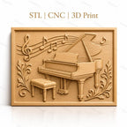 Fichier CNC & impression 3D piano à queue, notes de musique avec feuilles décoratives, haute qualité relief STL