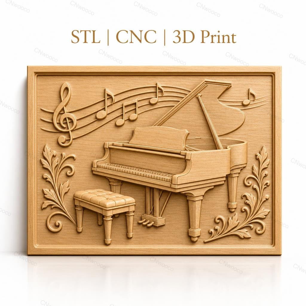 Fichier CNC & impression 3D piano à queue, notes de musique avec feuilles décoratives, haute qualité relief STL