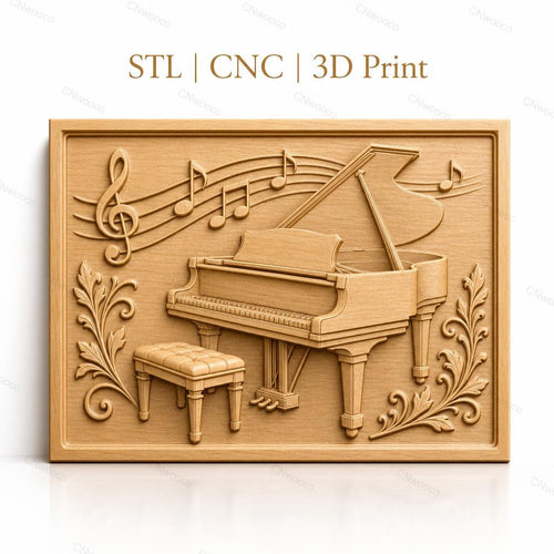 Fichier CNC & impression 3D piano à queue, notes de musique avec feuilles décoratives, haute qualité relief STL