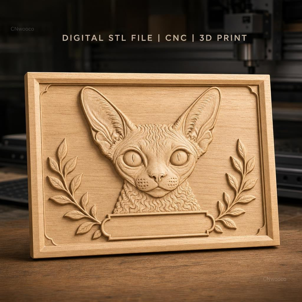 Fichier CNC & impression 3D chat Sphynx, relief animalier décor avec feuilles, haute qualité relief STL