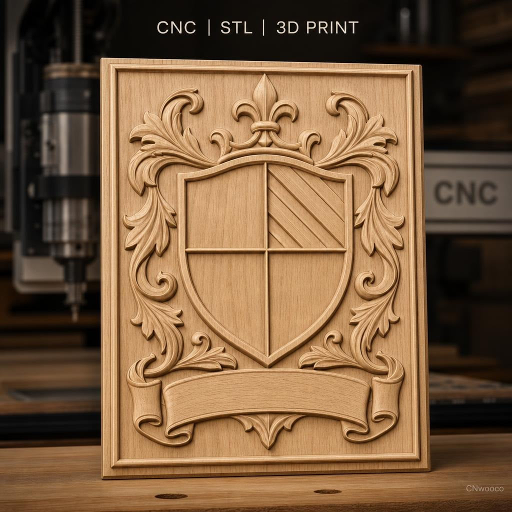 Fichier CNC & impression 3D blason héraldique, feuilles ornementales et bannière, haute qualité relief STL