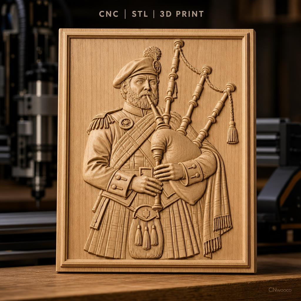 Fichier CNC & impression 3D joueur de cornemuse écossais, costume traditionnel, relief détaillé, haute qualité relief STL