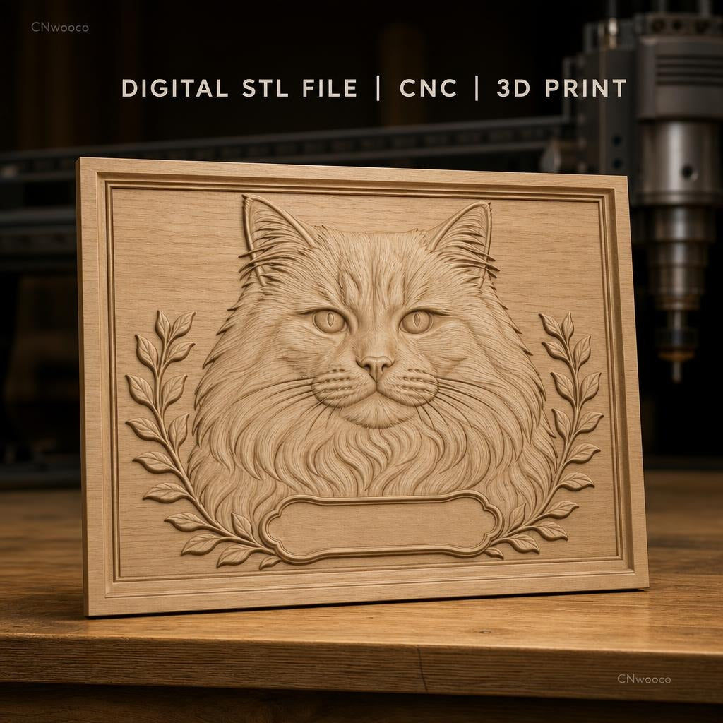 Fichier CNC & impression 3D Chat persan, portrait détaillé avec feuillage, haute qualité relief STL