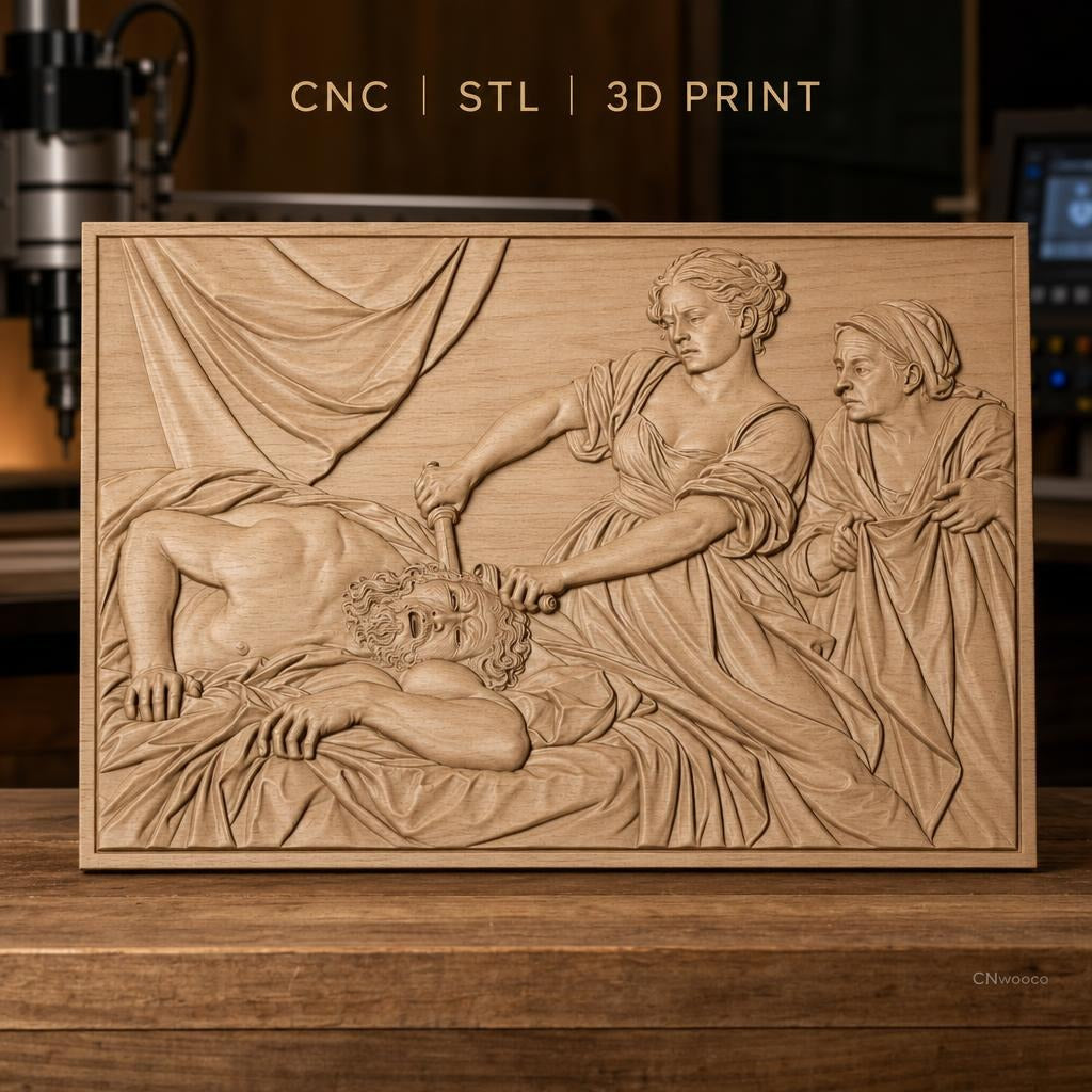 Fichier CNC & impression 3D scène biblique Judith décapite Holopherne, drapés et émotions, haute qualité relief STL
