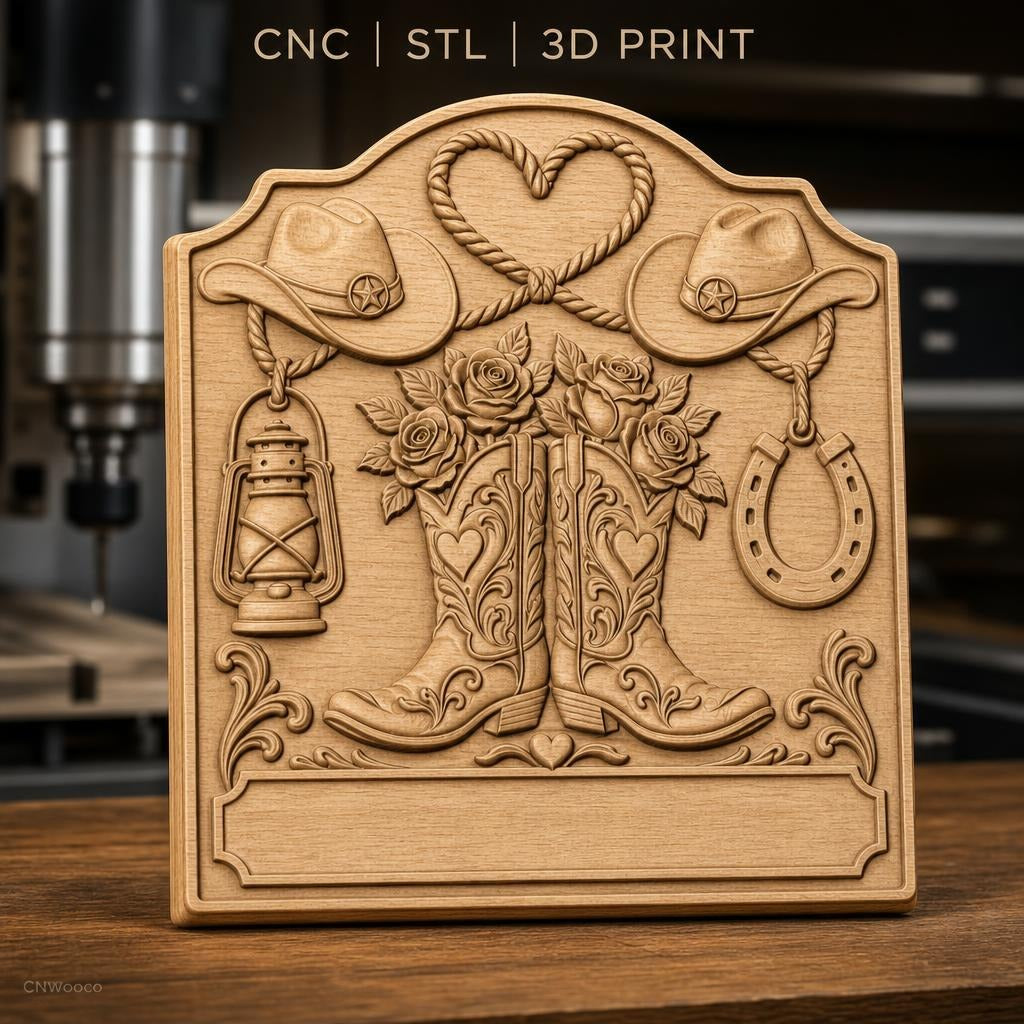 Fichier CNC & impression 3D thème western, bottes de cow-boy, chapeaux, lasso en forme de cœur, lanterne et fer à cheval, haute qualité relief STL