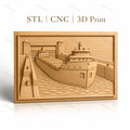 Fichier CNC & impression 3D bateau dans écluse maritime, détail de navire et eau, haute qualité relief STL