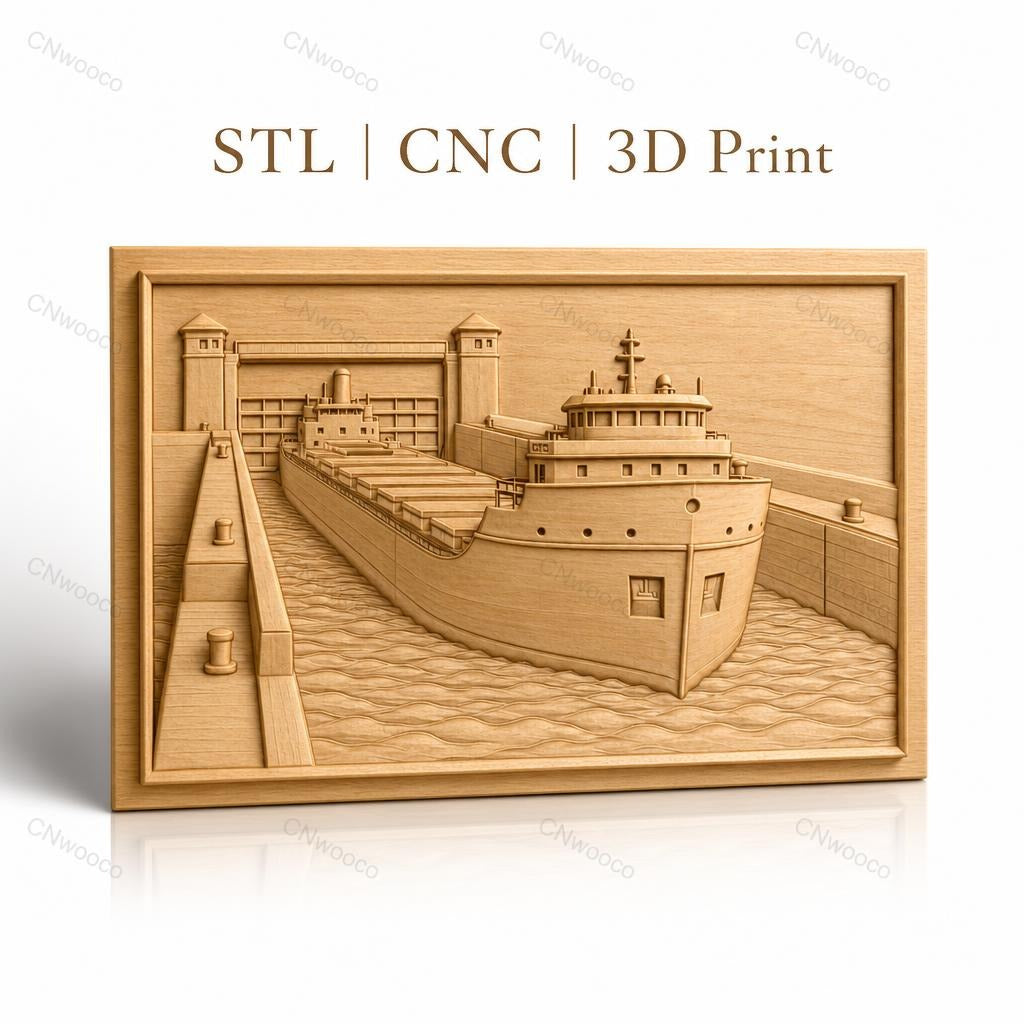 Fichier CNC & impression 3D bateau dans écluse maritime, détail de navire et eau, haute qualité relief STL