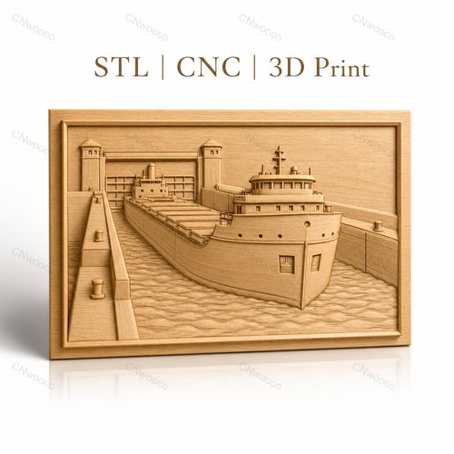 Fichier CNC & impression 3D bateau dans écluse maritime, détail de navire et eau, haute qualité relief STL