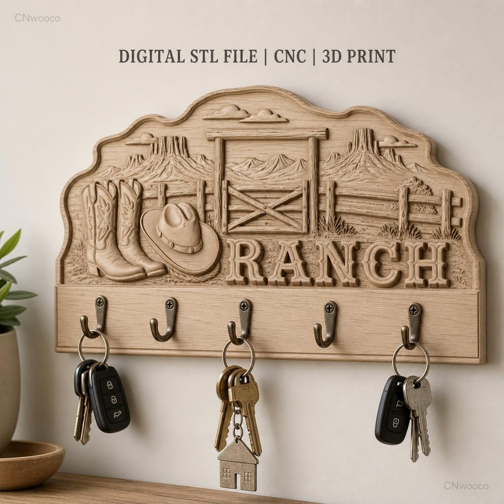 Fichier CNC porte-clés mural enseigne Ranch western, bottes et chapeau cowboy, STL très haute qualité