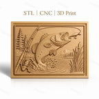 Fichier CNC & impression 3D pêche, poisson sautant, canne à pêche, paysage naturel, haute qualité relief STL