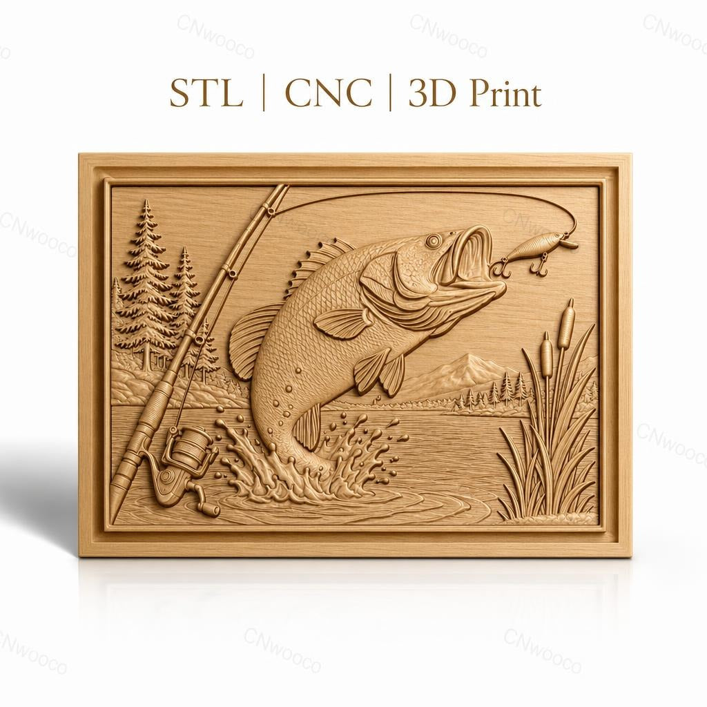 Fichier CNC & impression 3D pêche, poisson sautant, canne à pêche, paysage naturel, haute qualité relief STL