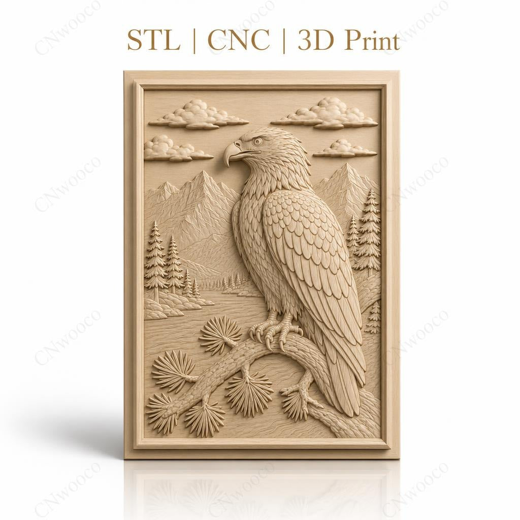Fichier CNC & impression 3D aigle sur branche, montagnes, forêt, rivière, haute qualité relief STL