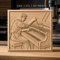 Fichier CNC & impression 3D accordeur de piano, homme accordant piano à queue, haute qualité relief STL