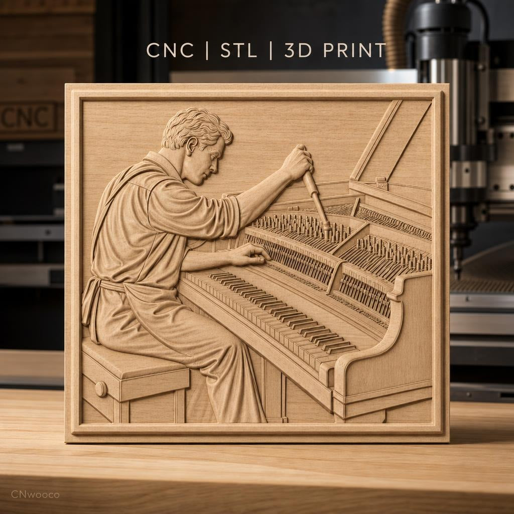 Fichier CNC & impression 3D accordeur de piano, homme accordant piano à queue, haute qualité relief STL
