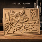 Fichier CNC & impression 3D artisan créant vitrail fleur, atelier et outils, haute qualité relief STL
